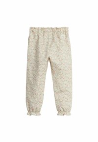 Lichte, bloempatronde broek in gebroken wit, met een rekbare tailleband en gathered cuffs voor een ontspannen pasvorm en comfort.
