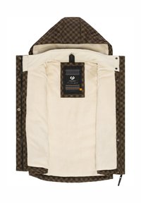 Veste à capuche marron à motifs avec doublure en polaire crème, ouverture à l'avant, boutons-pression en métal et étiquette de marque en tissu à l'intérieur du col.