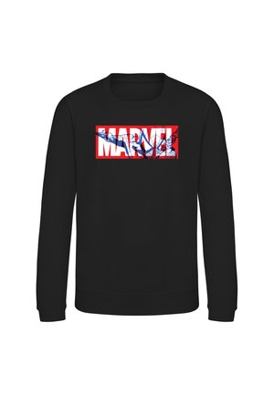 Sort sweatshirt med lange ærmer med et rødt og hvidt Marvel-logo med en blå Spider-Man illustration integreret i teksten.