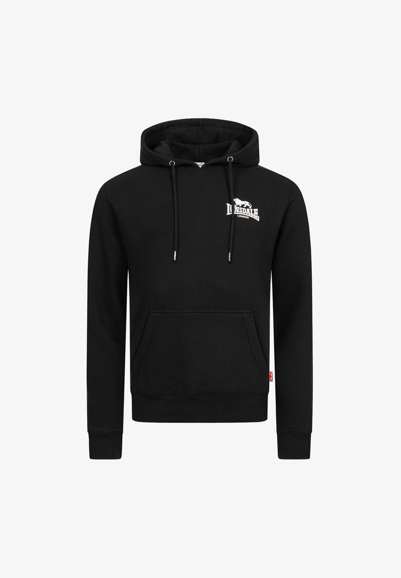 Schwarzer Hoodie aus einem Baumwoll-Mix, mit einer Kängurutasche, einer Kapuze mit Kordelzug und einem weißen Logo auf der Brust. Rippbündchen und Saum.