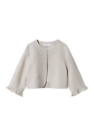 Lysebeige cropped jakke med 3/4 ærmer, rund halsudskæring, enkelt knap foran og flæsekant på manchetterne på hvid baggrund.