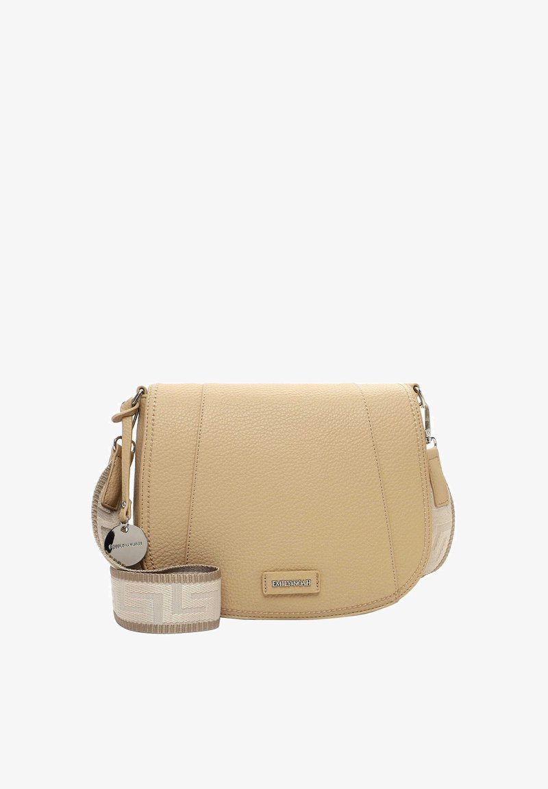 Beige leather crossbody bag with a textured finish, featuring a woven strap and metallic logo detail, rectangular shape, and zip closure.