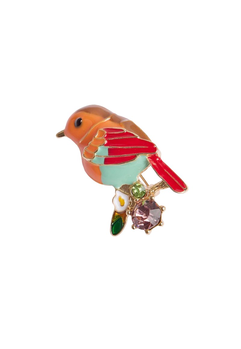 Spilla in smalto a forma di uccello in arancione, rosso e turchese, con accenti di gemme verdi e rosa, hardware dorato e design dettagliato delle ali.
