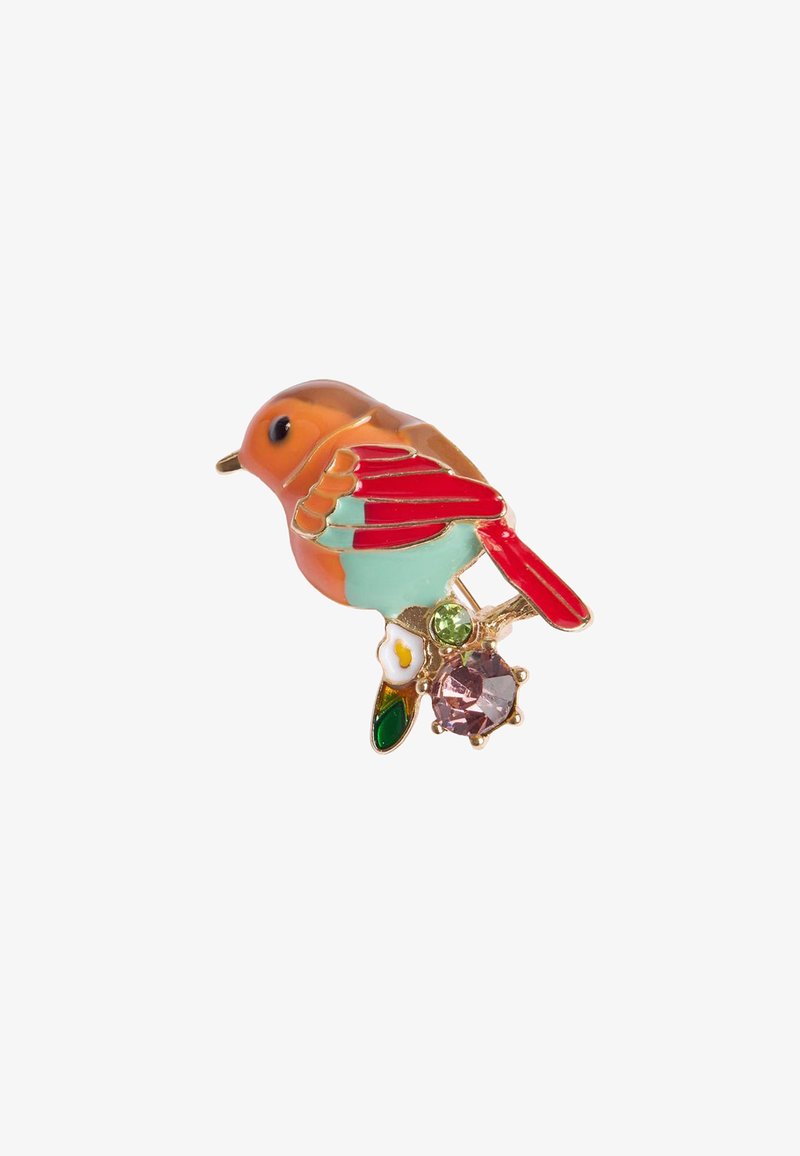 Spilla in smalto a forma di uccello in arancione, rosso e turchese, con accenti di gemme verdi e rosa, hardware dorato e design dettagliato delle ali.