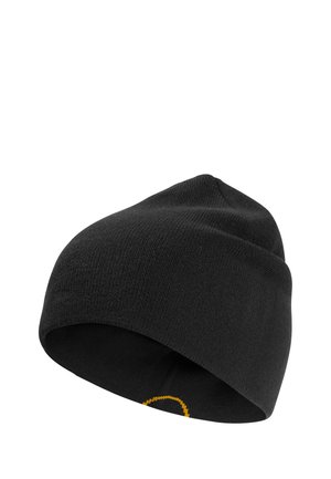 Schwarze gestrickte Mütze mit umgeschlagenem Bündchen und einem kleinen gelben Teil-Stich innen am Rand.