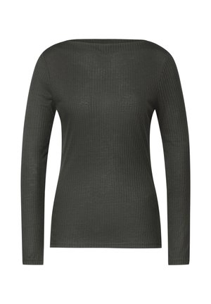 Bluzka z długim rękawem w ciemnoszarym prążkowanym materiale, z szerokim dekoltem, dopasowanym krojem i gładką strukturą o subtelnym połysku.