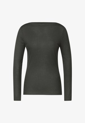 Bluzka z długim rękawem w ciemnoszarym prążkowanym materiale, z szerokim dekoltem, dopasowanym krojem i gładką strukturą o subtelnym połysku.