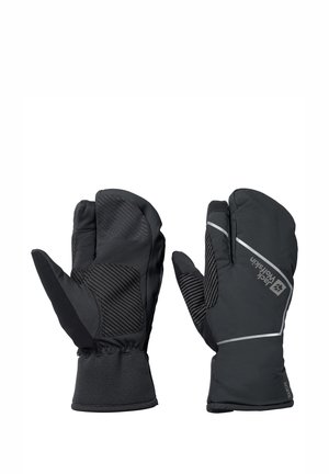 Zwarte handschoenen met een textuur voor grip, met een cover voor de duim en wijsvinger. Gemaakt van duurzaam materiaal met reflecterende accenten.