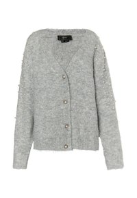 Cardigan grigio con scollatura a V, lavorazione a maglia testurizzata, dettagli in perle sulle maniche e cinque bottoni. Materiale morbido e peloso con vestibilità rilassata.