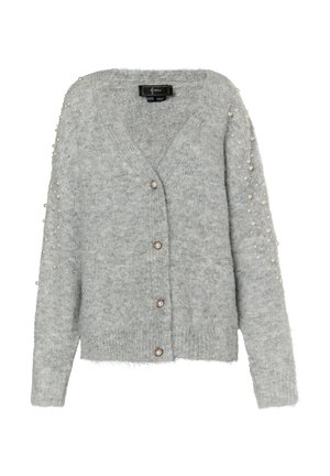 Cardigan grigio con scollatura a V, lavorazione a maglia testurizzata, dettagli in perle sulle maniche e cinque bottoni. Materiale morbido e peloso con vestibilità rilassata.