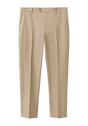 Beige Straight-Leg-Hose mit vorderen Falten, Seitentaschen, Gürtelschlaufen, Knopfverschluss und Reißverschluss.