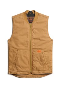 Gilet sans manches couleur sable en tissu résistant, doté d'une fermeture éclair sur le devant, de deux poches avant et d'un petit label logo orange sur le côté.