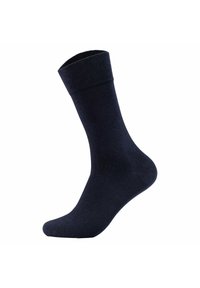 Calcetín de algodón azul marino con un puño acanalado, textura suave y diseño clásico de longitud crew. Presenta puntera y talón reforzados para mayor durabilidad.