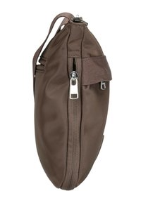 Borsa in nylon marrone con chiusura a zip, design piatto, tasca laterale e tracolla regolabile. Presenta dettagli in metallo argentato e una texture elegante.