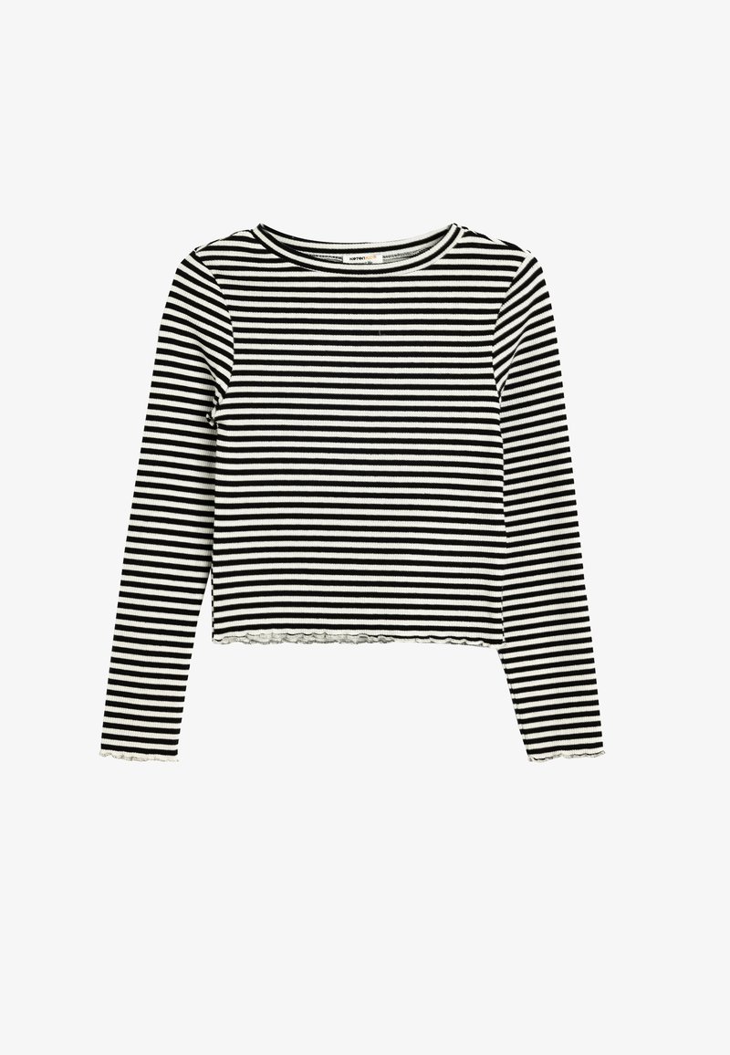 Schwarz-weißer gestreifter langärmeliger Oberteil, cropped Design, gerippte Textur, runder Ausschnitt und fransiger Saum. Besitzt eine figurbetonte Silhouette.