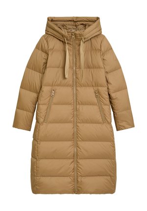 Long camel-brown quilted puffer coat with hood, full front zipper, two zippered side pockets, and drawstring cords on the hood.