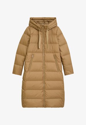 Long camel-brown quilted puffer coat with hood, full front zipper, two zippered side pockets, and drawstring cords on the hood.