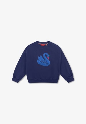 Navy blauwe sweatshirt gemaakt van zacht katoen, met een grote blauwe zwaanafbeelding met een roze snavel en groene accenten. Ribbelmanchetten.