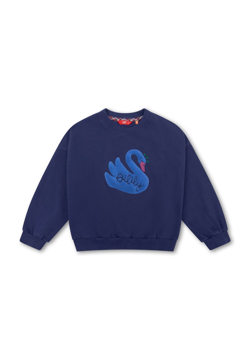 Navy blauwe sweatshirt gemaakt van zacht katoen, met een grote blauwe zwaanafbeelding met een roze snavel en groene accenten. Ribbelmanchetten.