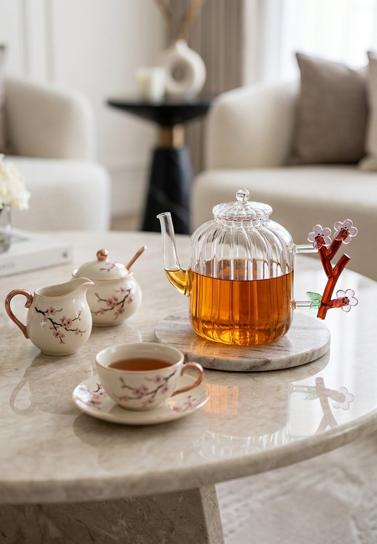 Szklany czajnik z bursztynową herbatą na marmurowej tacy, ceramiczna filiżanka w kwiatowy wzór, dzbanek do śmietanki i cukiernica z drewnianą łyżeczką na okrągłym marmurowym stole.