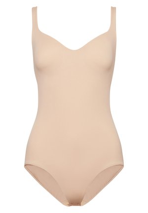 Beige bodystocking lavet af glat, strækbart materiale. Har brede skulderstropper og en dyb V-udskæring. Ingen synlige lukninger eller dekorationer.