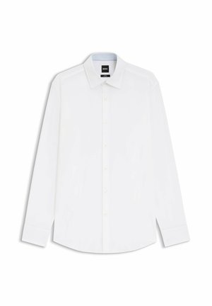 White long-sleeve shirt made from smooth fabric, featuring a classic collar and button closure, with a subtle textured inner collar detail.