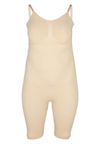 Beige shapewear bodysuit with adjustable straps, seamless design, ribbed texture, and mid-thigh length.