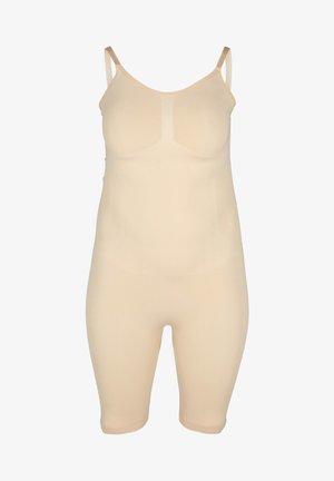 Beige shapewear body met verstelbare banden, naadloos ontwerp, geribbelde textuur en een lengte tot halverwege de dijen.