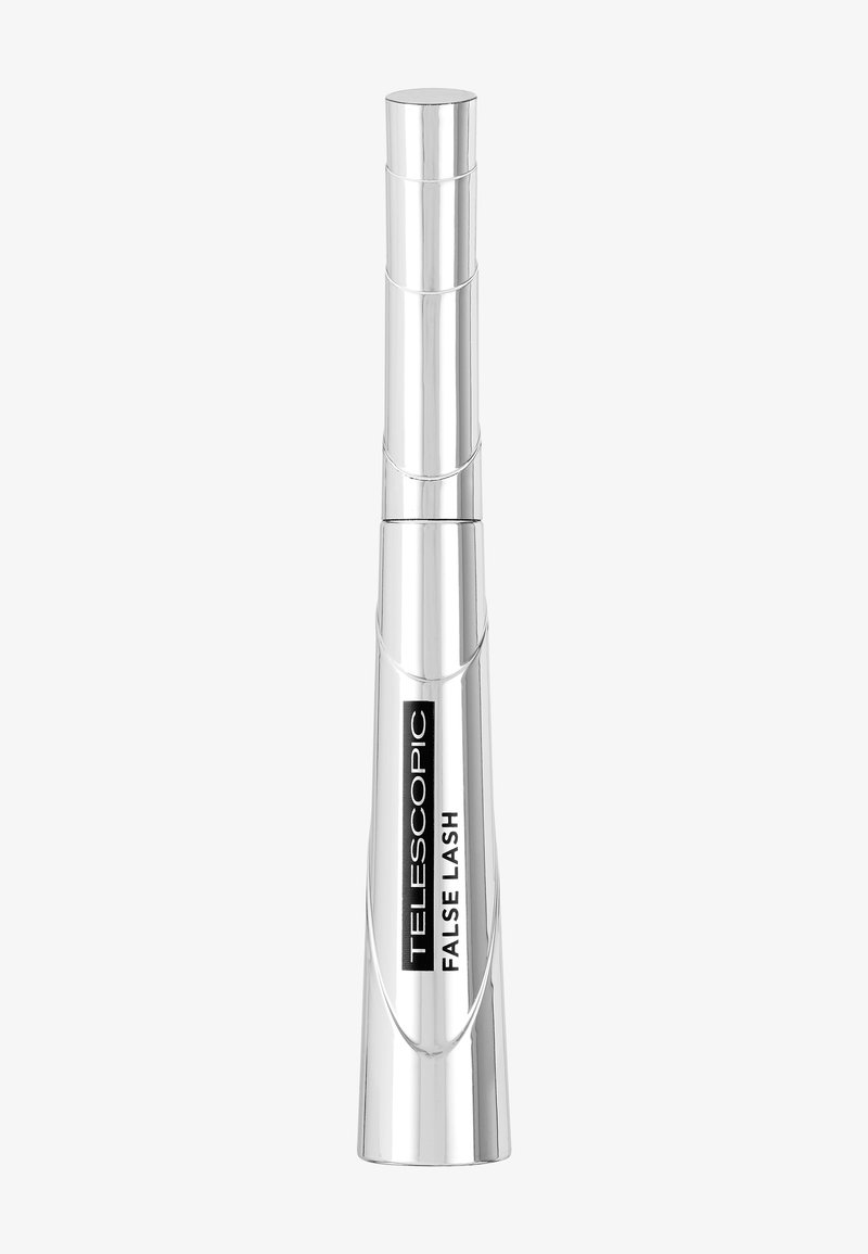 Mascara Telescopic False Lash dans un tube argent métallisé, de forme cylindrique avec une finition brillante et une étiquette en texte noir.