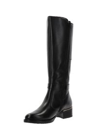 Botas altas de cuero negro con una textura suave, cremallera lateral y tacón ancho, que presentan un diseño minimalista y sin patrones visibles.