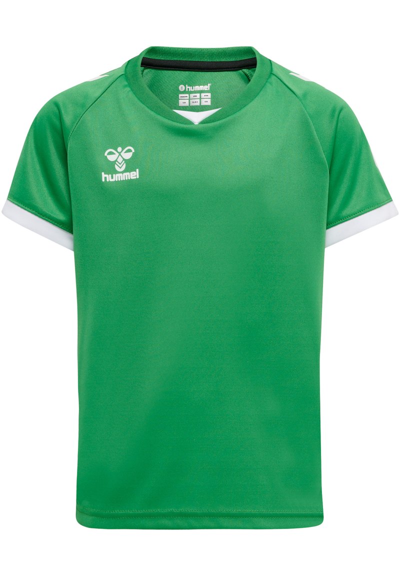 Grön idrottströja i slätt, lättviktigt tyg. Har rundad halsringning, korta ärmar och vita accentdetaljer.