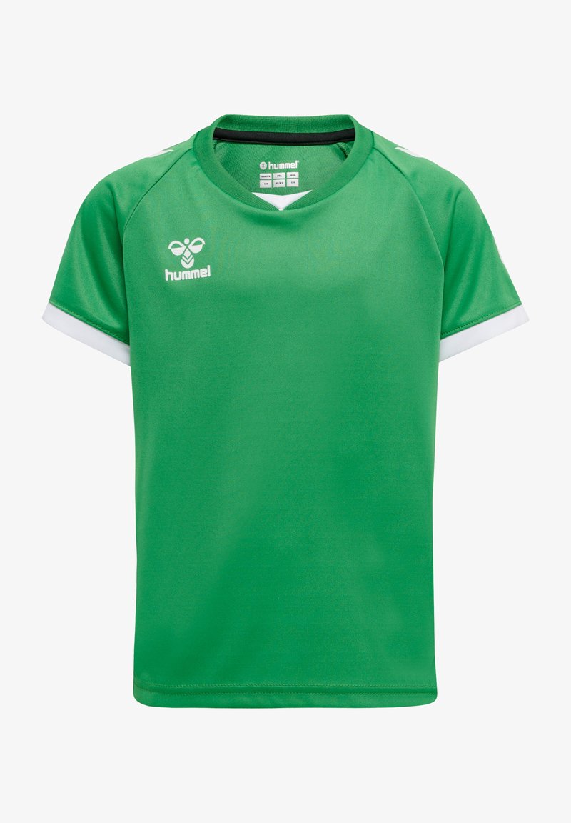 Grön idrottströja i slätt, lättviktigt tyg. Har rundad halsringning, korta ärmar och vita accentdetaljer.