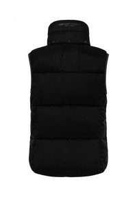 Czarna kurtka puchowa bez rękawów z wysokim kołnierzem i zatrzaskami. Posiada pikowany wzór oraz boczne kieszenie, wykonana z materiału izolacyjnego.
