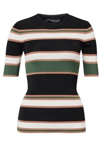 Lyhythihainen raidallinen toppi, jossa on mustia, valkoisia, vihreitä ja terrakottavärisiä viivoja; ribattu pinta; pyöreä kaula-aukko; istuva siluetti.