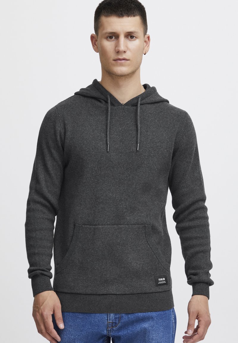 Gray hoodie with a front pocket, adjustable drawstring hood, ribbed cuffs, and hem. Made of a soft, textured fabric.