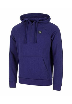Felpa viola con cappuccio, tasca a marsupio frontale, zip a metà con lacci e piccolo logo Under Armour sul petto.