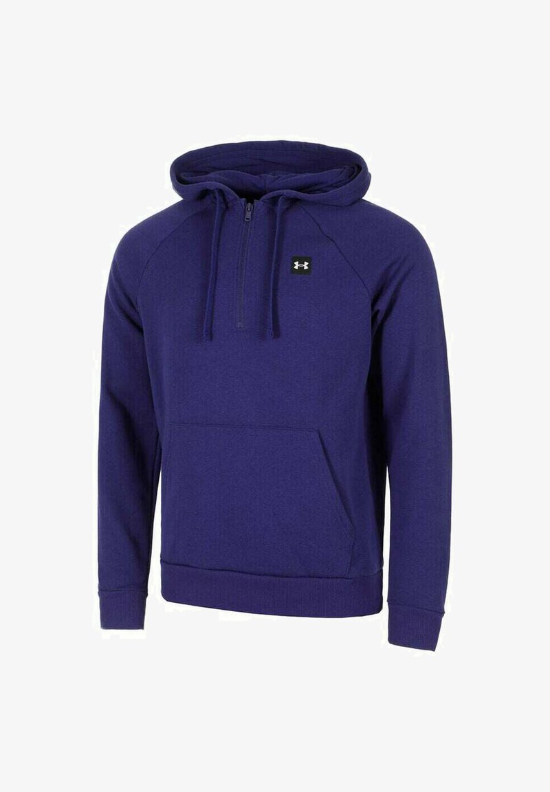 Lila Pullover-Hoodie mit frontaler Kängurutasche, Halb-Reißverschluss mit Kordeln und kleinem Under Armour-Logo auf der Brust.