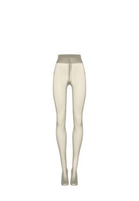 Beige leggings med en glat tekstur, høj talje og fodet design. Materialet ser strækbart og tætsiddende ud.