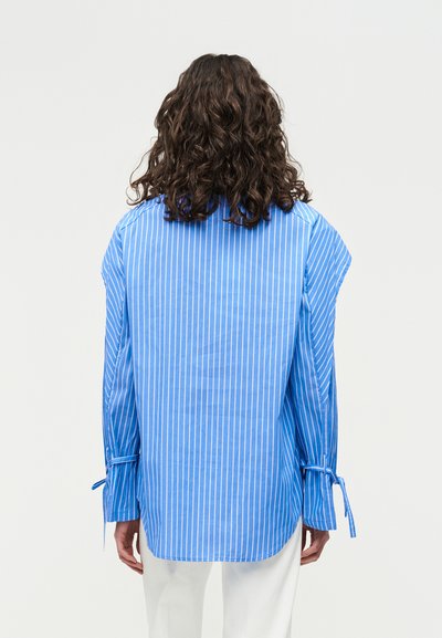 Άτομο με μακριά σγουρά μαλλιά, φοράει πουκάμισο με κάθετες μπλε και λευκές ρίγες και κορδόνια στα μανίκια, που φαίνεται από πίσω.