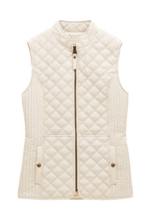 Ärmellose gesteppte cremefarbene Weste mit Rautenmuster, Frontreißverschluss, Stehkragen und zwei Druckknopftaschen an den Seiten.