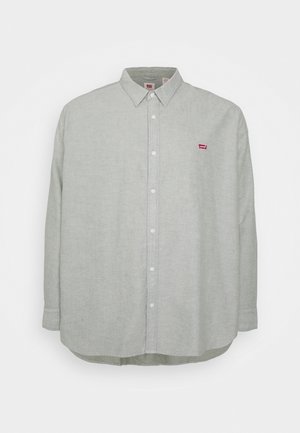 Lichtgroene button-up blouse van zachte stof, met een puntkraag, lange mouwen en een klein rood merklogo op de borst.