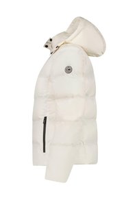 Witte pufferjack met capuchon, voorzien van een ronde kraag, zwarte rits en een cirkelvormige logo patch op de bovenste linkerborst.