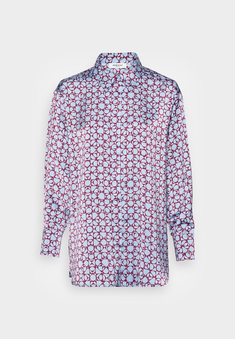Chemise à manches longues en tissu léger avec un fond bleu clair orné d'un motif circulaire rouge, fermeture par boutons à l'avant et col.
