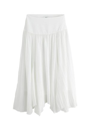 Biela midi sukňa s vysokým pásom, širokým pásom a vzdušnou, plisovanou látkou vytvárajúcou nerovný lem.