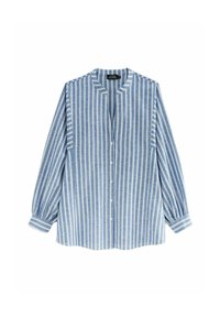 Chemise à manches longues bleu clair avec des rayures blanches, col contrasté, fermeture à boutons et poignets froncés, fabriquée dans un tissu doux.