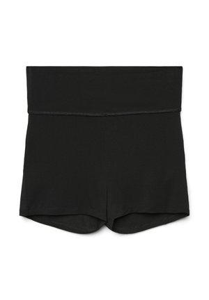 Shorts neri a vita alta con fascia in vita piegata, texture liscia e orli cuciti, disposti in piano su uno sfondo bianco.