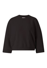 Svart långärmad croppad sweatshirt med rund halsringning och sänkta axlar, uppvisad mot en vit bakgrund.