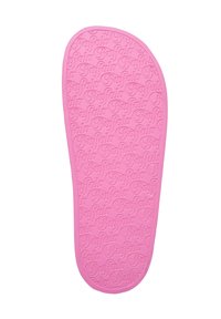 Semelle de chaussure en caoutchouc rose avec motif de texte en relief répété "Buffalo" couvrant toute la surface.