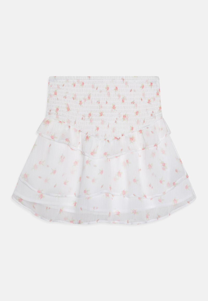 Gonna bianca in chiffon con vita arricciata, strati di volant e piccoli motivi floreali rosa sparsi in tutto.