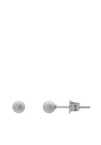 Sølv stud øreringer med et teksturert sfærisk design, med en polert finish og sikker bakside. Hver ørering måler omtrent 6 mm.